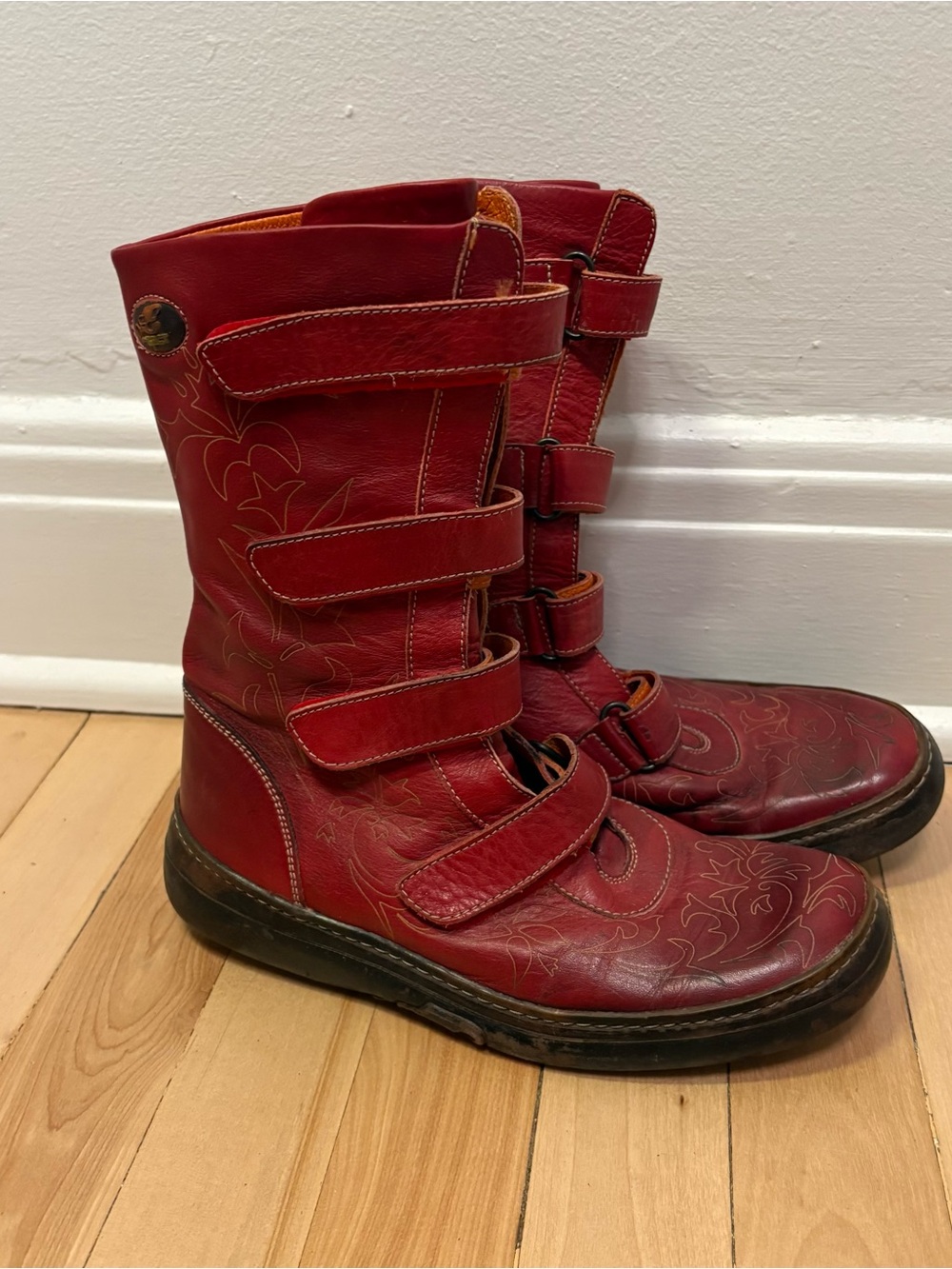 Women’s red leather floral boots